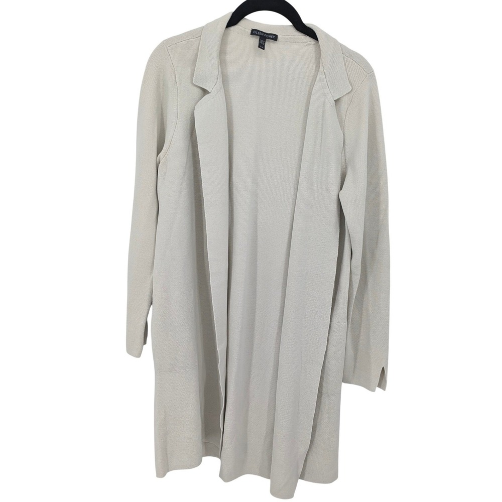 Eileen Fisher Organic Cotton Silk Blend Cardigan‎ Large Cream Longline Sweater